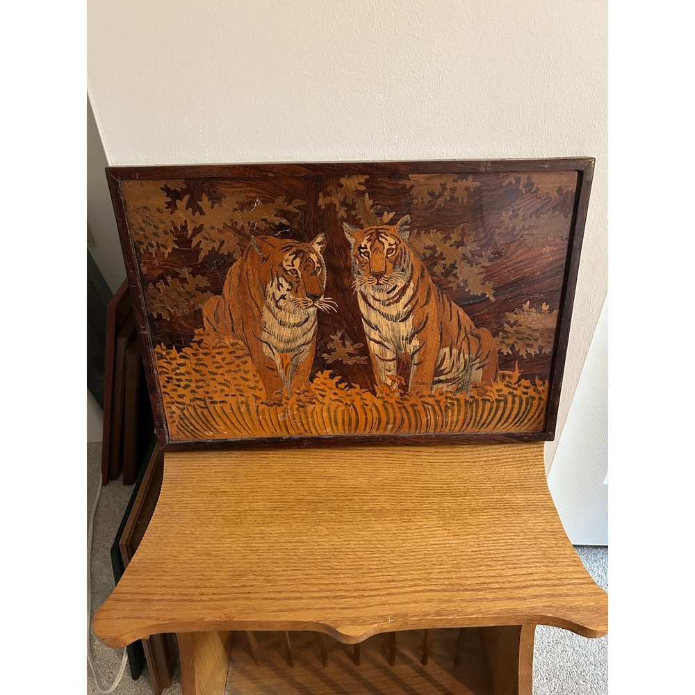 Vintage Marquetry Wood Inlay Tiger Wall Art Handcrafted Jungle Scene 18.5x12